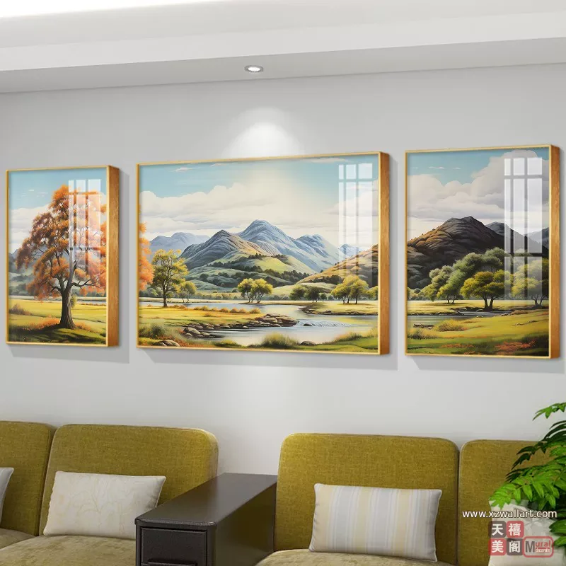 山水 三联 装饰画 轻奢风 客厅背景墙挂画 晶瓷画