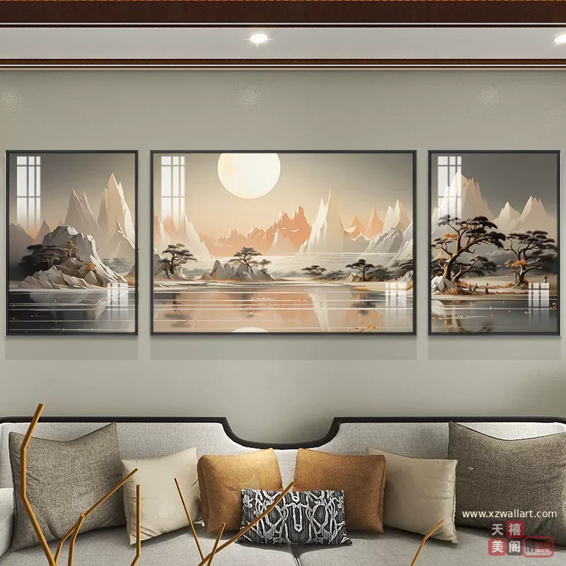 山水 三联 装饰画 现代简约 客厅背景墙挂画 晶瓷画