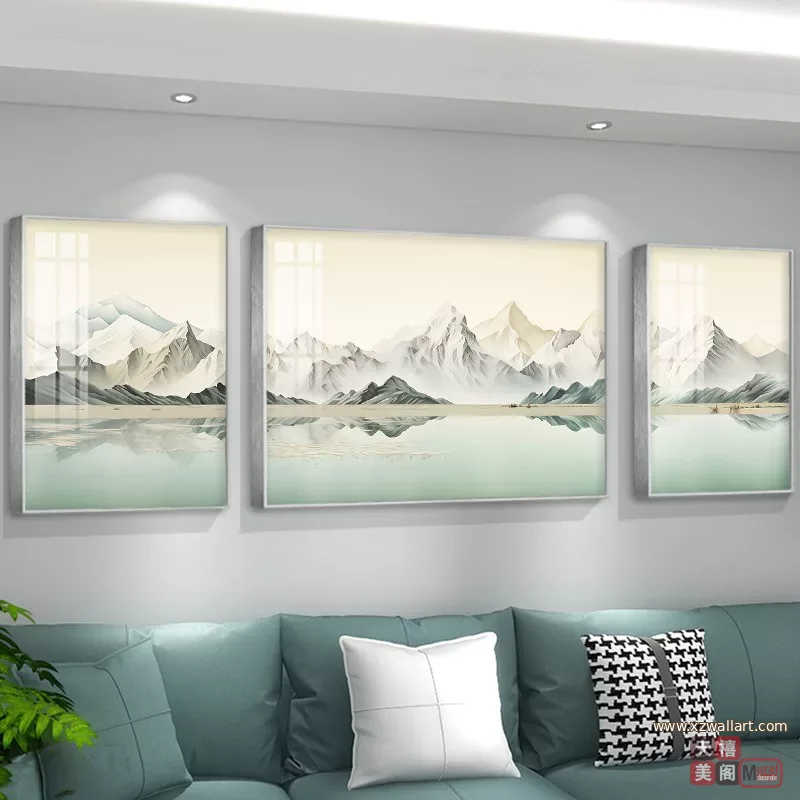 山水 三联 装饰画 轻奢风 客厅背景墙挂画 晶瓷画