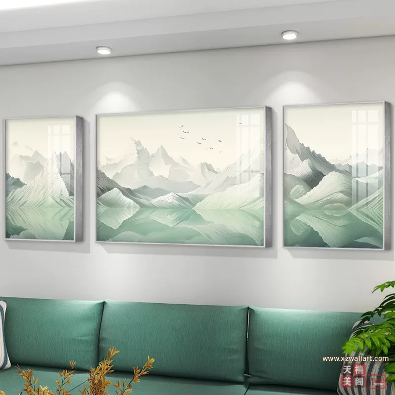 山水 三联 装饰画 轻奢风 客厅背景墙挂画 晶瓷画