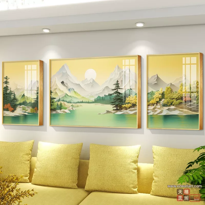 山水 三联 装饰画 轻奢风 客厅背景墙挂画 晶瓷画