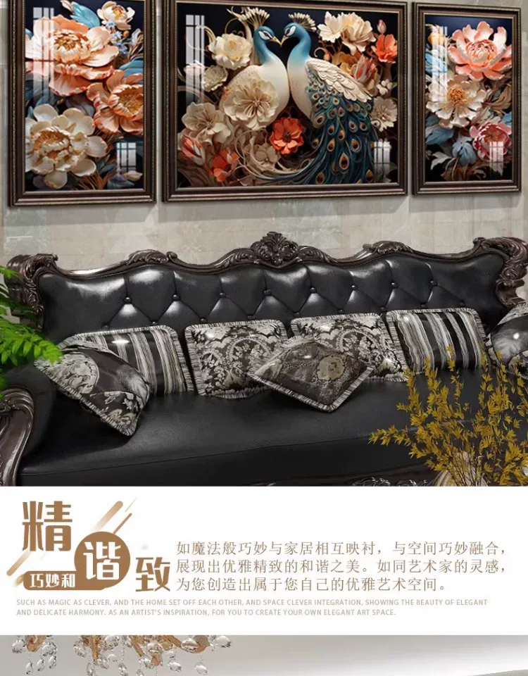 孔雀 三联 装饰画 欧式 客厅背景墙挂画 晶瓷画