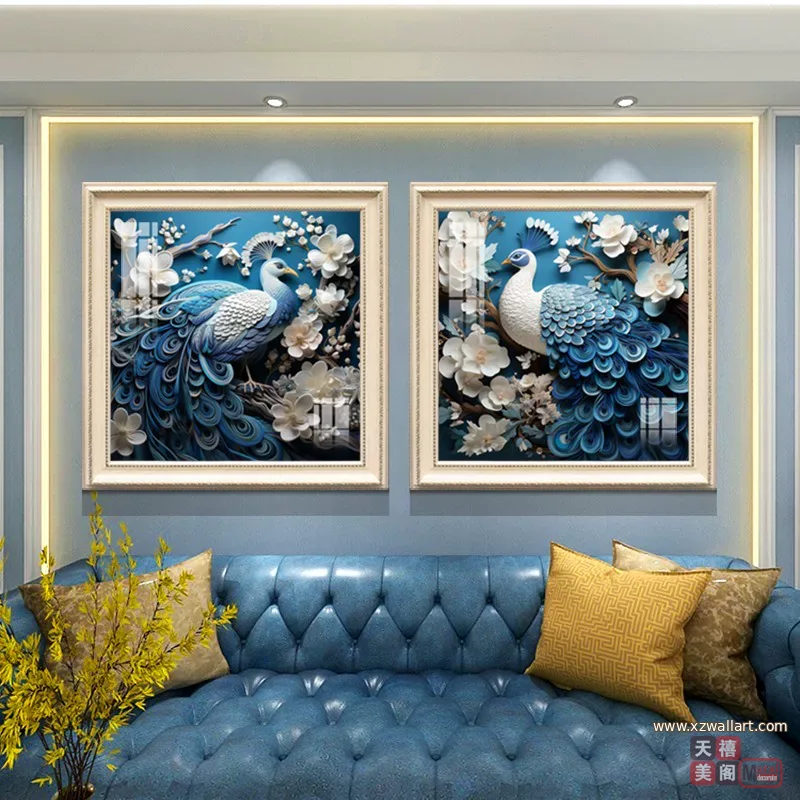 孔雀 单幅 装饰画 美式 客厅背景墙挂画 晶瓷画