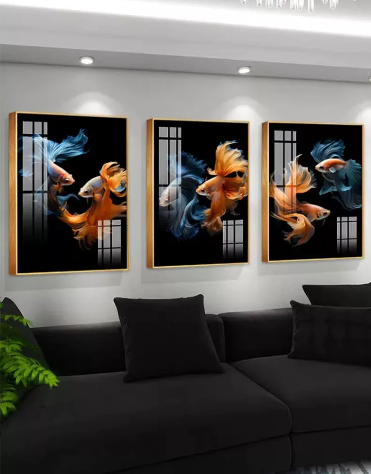锦鲤 三联 装饰画 轻奢风 客厅背景墙挂画 晶瓷画