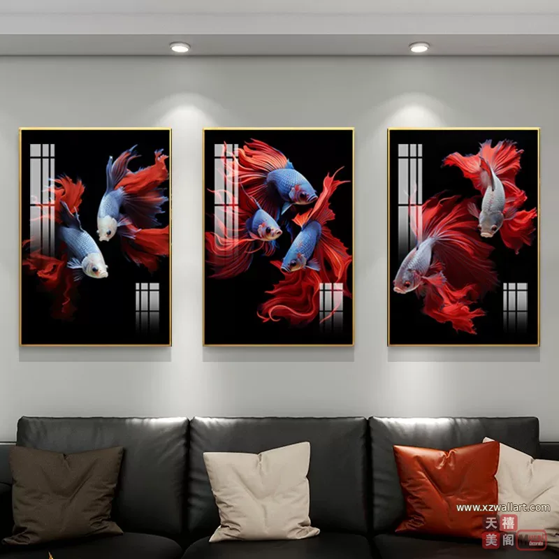 锦鲤 三联 装饰画 轻奢风 客厅背景墙挂画 晶瓷画