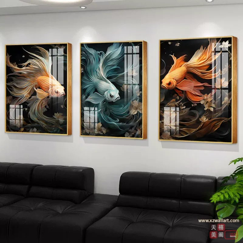 锦鲤 三联 装饰画 轻奢风 客厅背景墙挂画 晶瓷画