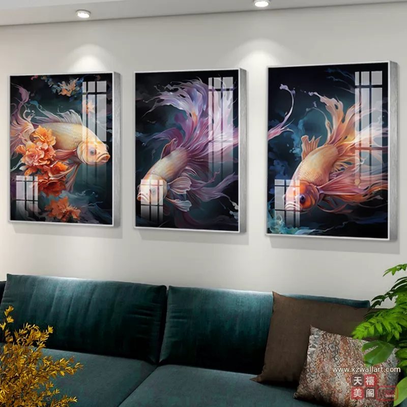 锦鲤 三联 装饰画 轻奢风 客厅背景墙挂画 晶瓷画