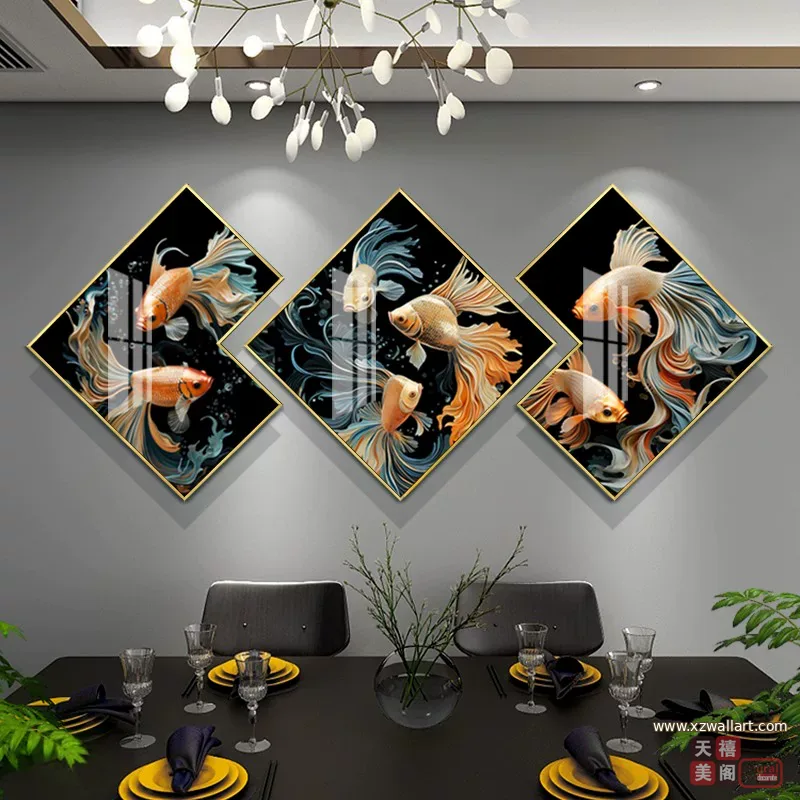 锦鲤 三联 装饰画 轻奢风 餐厅背景墙挂画 晶瓷画