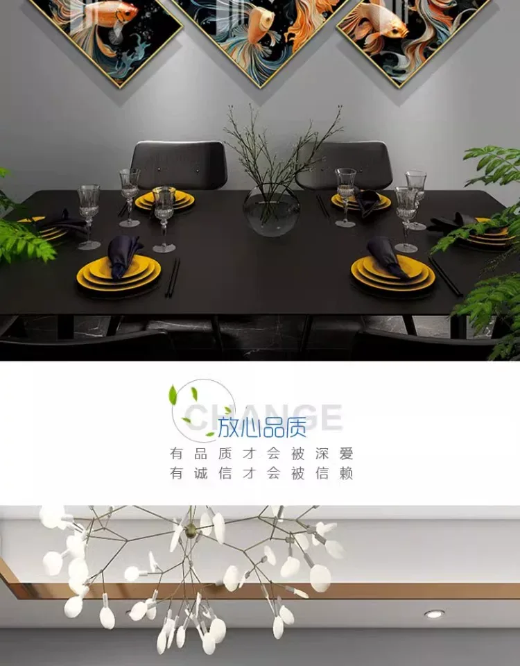 锦鲤 三联 装饰画 轻奢风 餐厅背景墙挂画 晶瓷画
