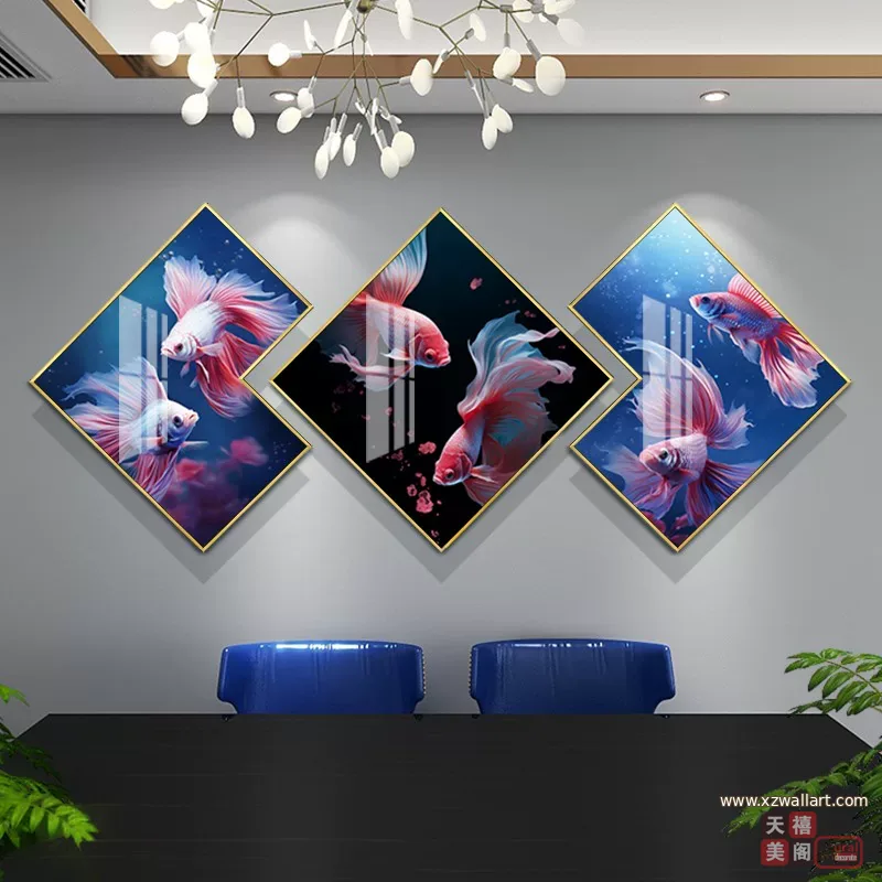 锦鲤 三联 装饰画 轻奢风 餐厅背景墙挂画 晶瓷画
