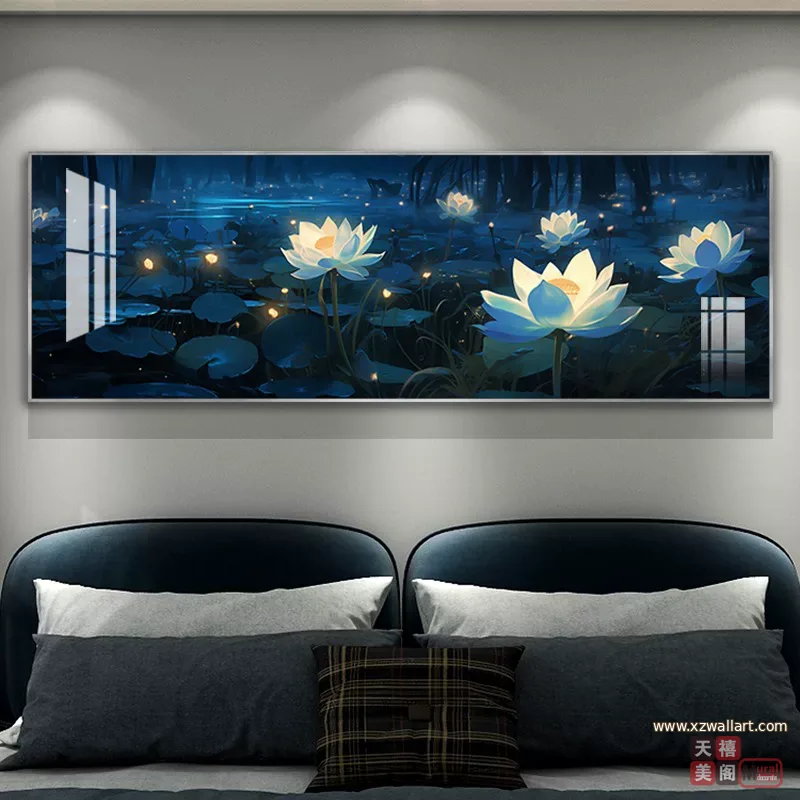 荷花 单幅 装饰画 轻奢风 卧室背景墙挂画 晶瓷画
