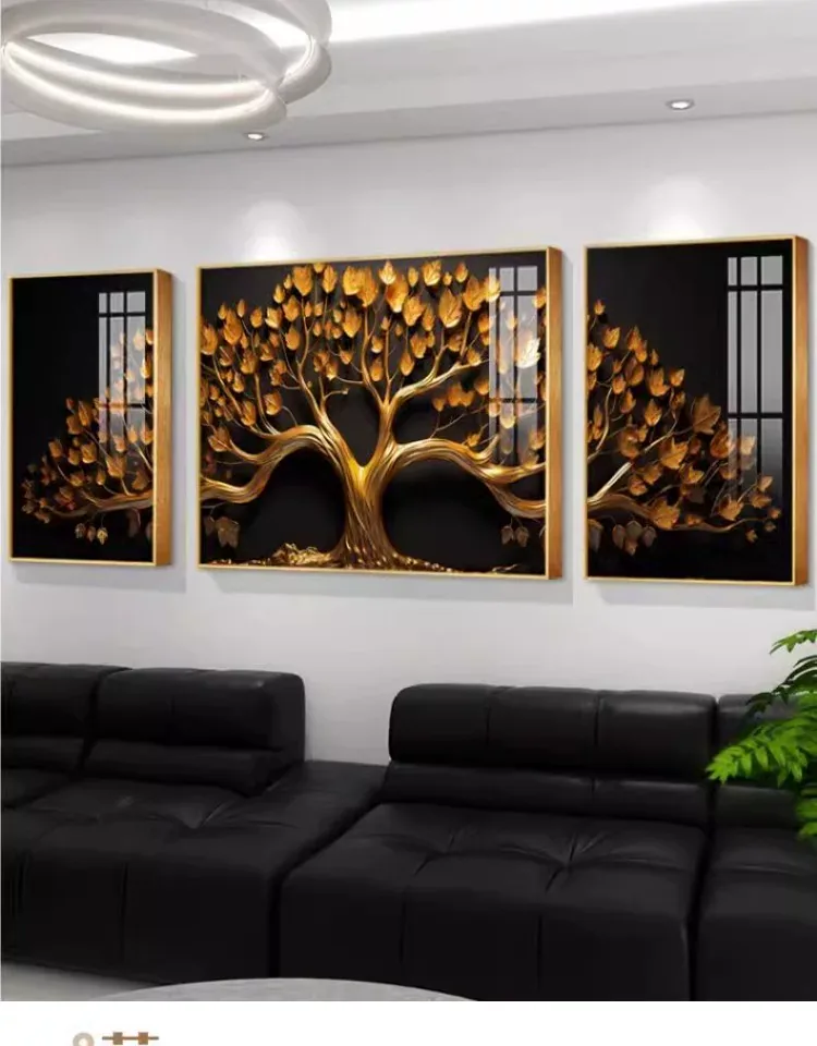 树 三联 装饰画 轻奢风 客厅背景墙挂画 晶瓷画