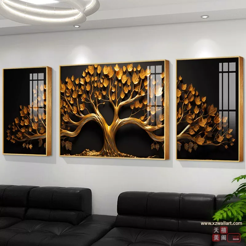 树 三联 装饰画 轻奢风 客厅背景墙挂画 晶瓷画