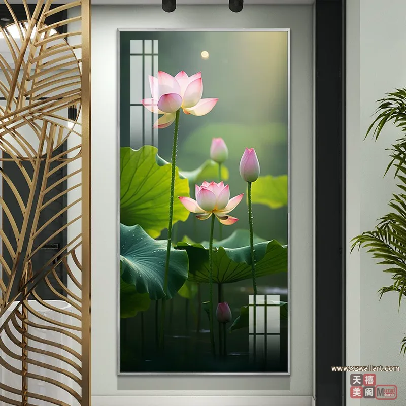 荷花 单幅 装饰画 轻奢风 玄关背景墙挂画 晶瓷画