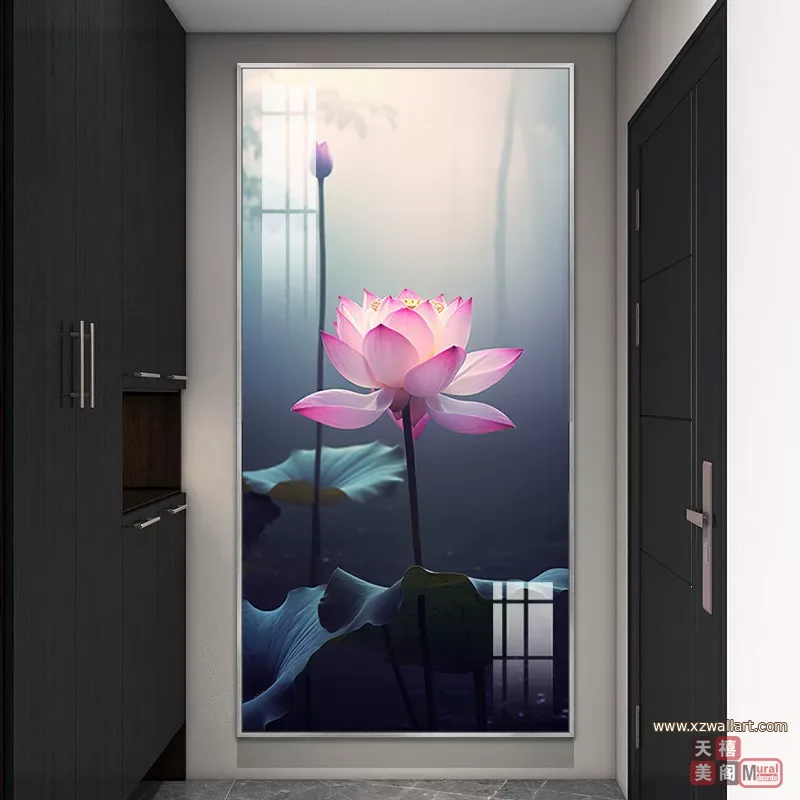 荷花 单幅 装饰画 轻奢风 玄关背景墙挂画 晶瓷画