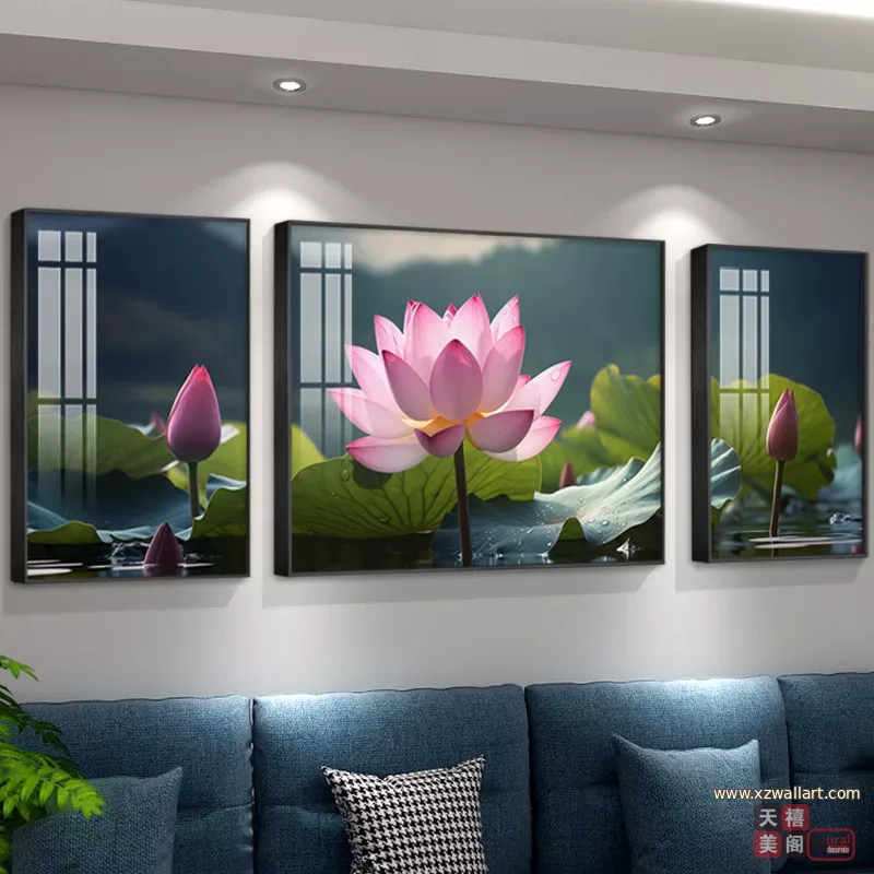 荷花 三联 装饰画 轻奢风 客厅背景墙挂画 晶瓷画