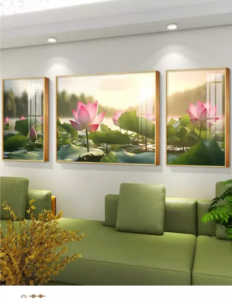 荷花 三联 装饰画 轻奢风 客厅背景墙挂画 晶瓷画