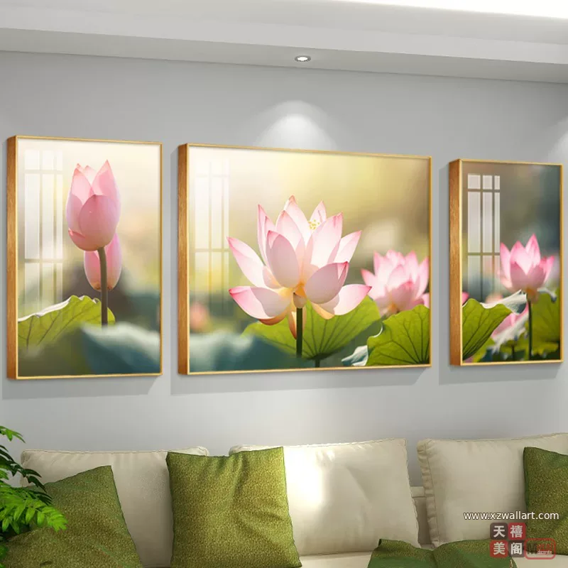 荷花 三联 装饰画 轻奢风 客厅背景墙挂画 晶瓷画