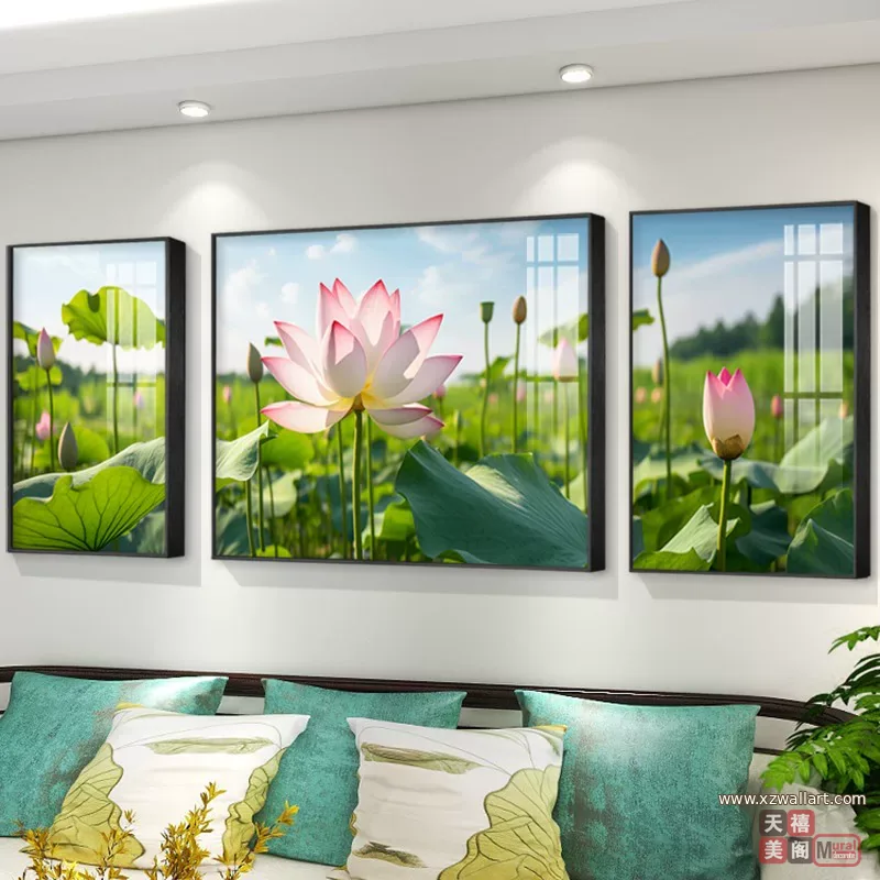 荷花 三联 装饰画 轻奢风 客厅背景墙挂画 晶瓷画