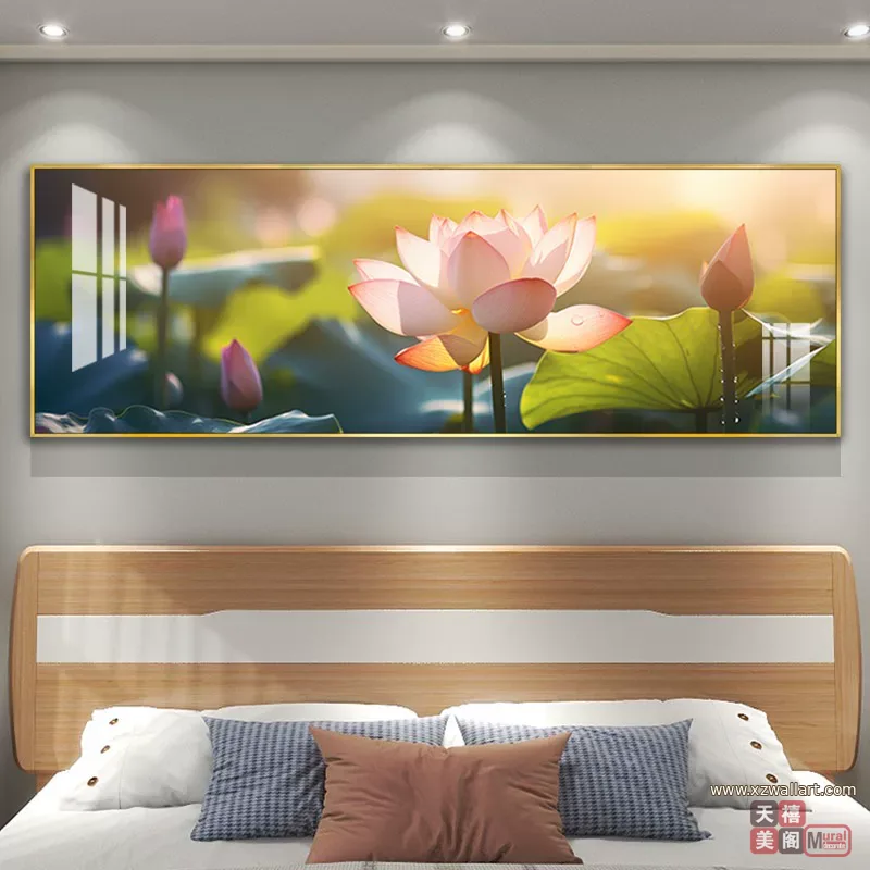 荷花 单幅 装饰画 轻奢风 卧室背景墙挂画 晶瓷画
