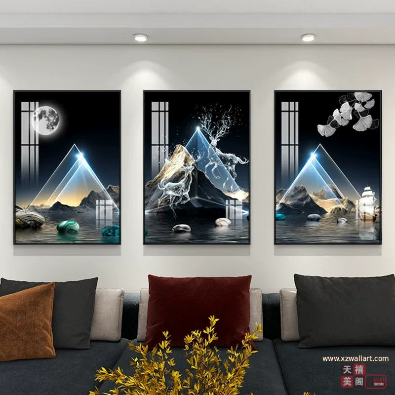 抽象 三联 装饰画 轻奢风 客厅背景墙挂画 晶瓷画