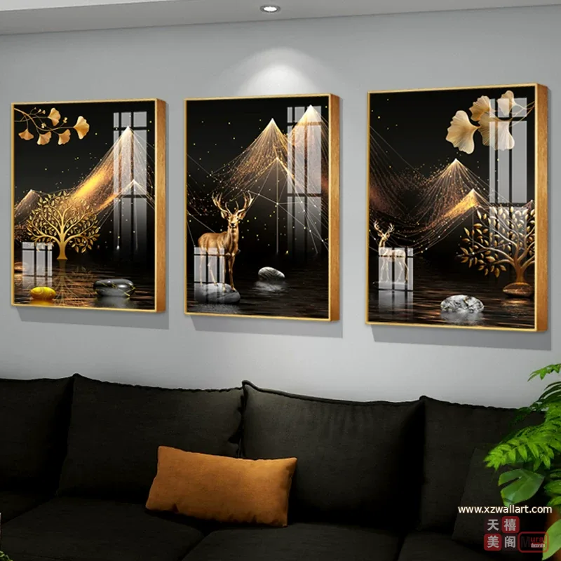 抽象 三联 装饰画 轻奢风 客厅背景墙挂画 晶瓷画