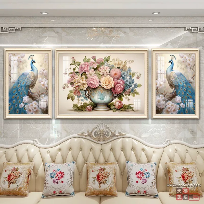 抽象 三联 装饰画 美式 客厅背景墙挂画 晶瓷画