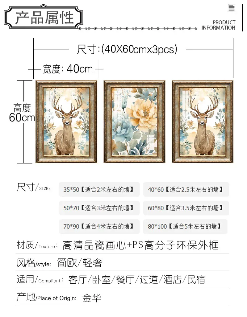 抽象 三联 装饰画 美式 客厅背景墙挂画 晶瓷画