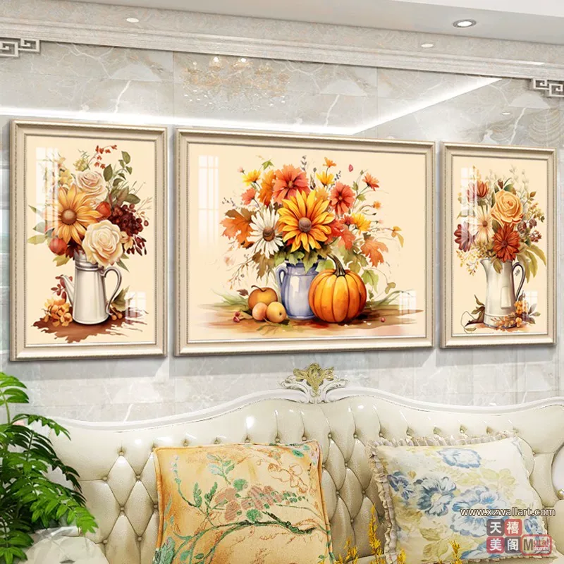 抽象 三联 装饰画 美式 客厅背景墙挂画 晶瓷画