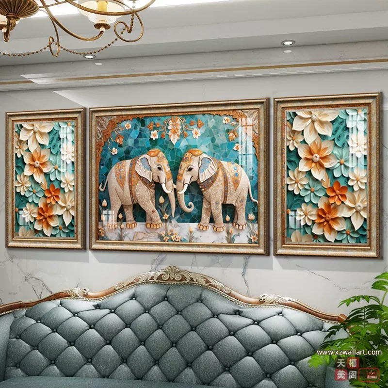 抽象 三联 装饰画 美式 客厅背景墙挂画 晶瓷画