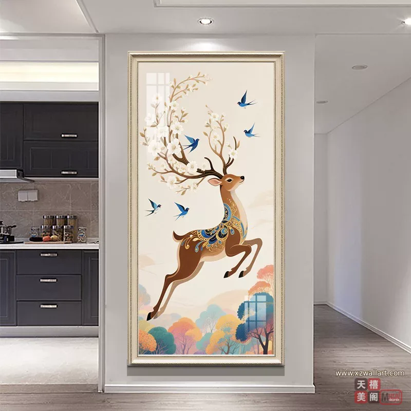 鹿 单幅 装饰画 轻奢风 玄关背景墙挂画 晶瓷画