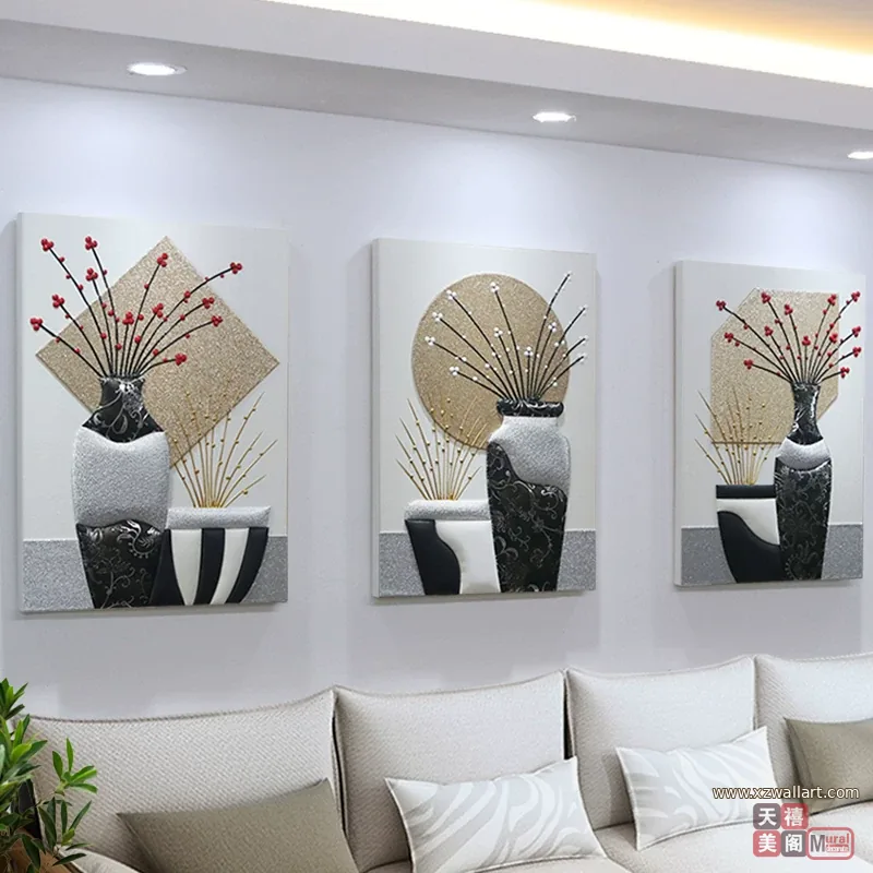 抽象 三联 装饰画 轻奢风 客厅背景墙挂画 晶瓷画