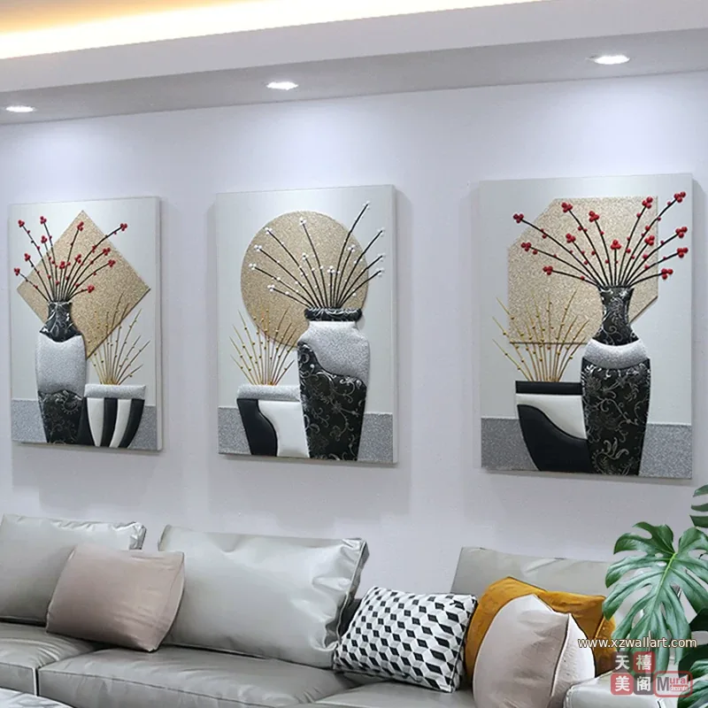 抽象 三联 装饰画 轻奢风 客厅背景墙挂画 晶瓷画