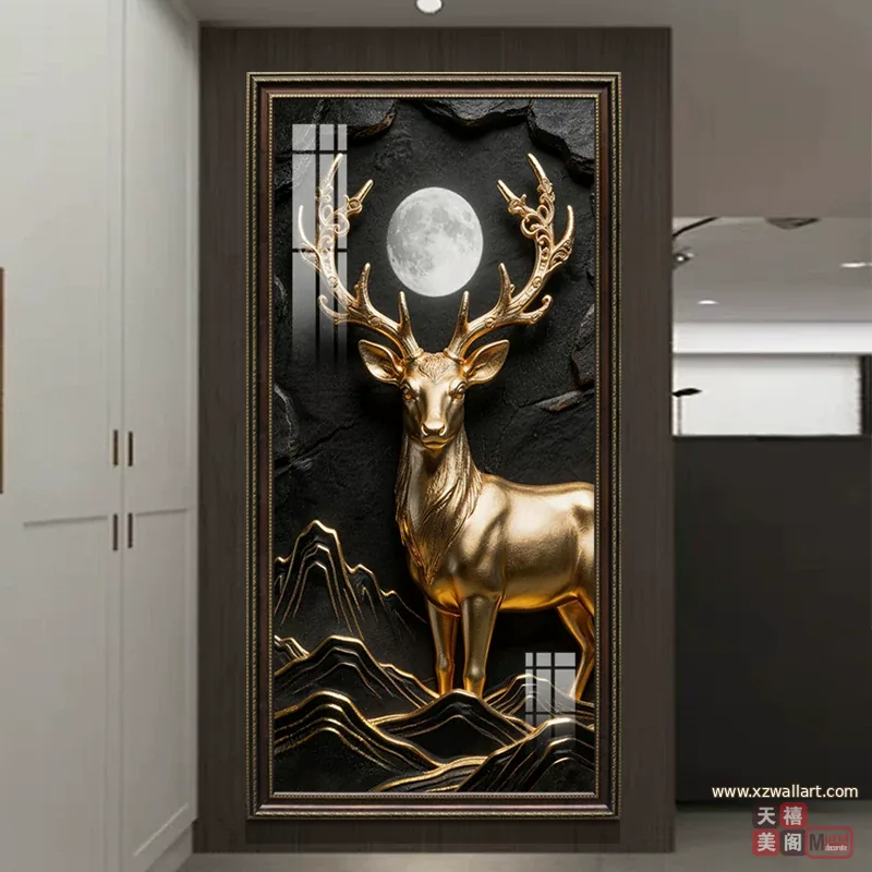 鹿 单幅 装饰画 美式 玄关背景墙挂画 晶瓷画