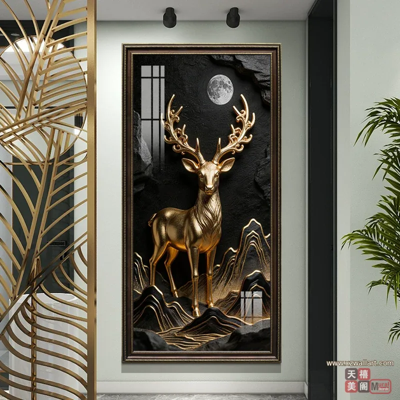 鹿 单幅 装饰画 美式 玄关背景墙挂画 晶瓷画