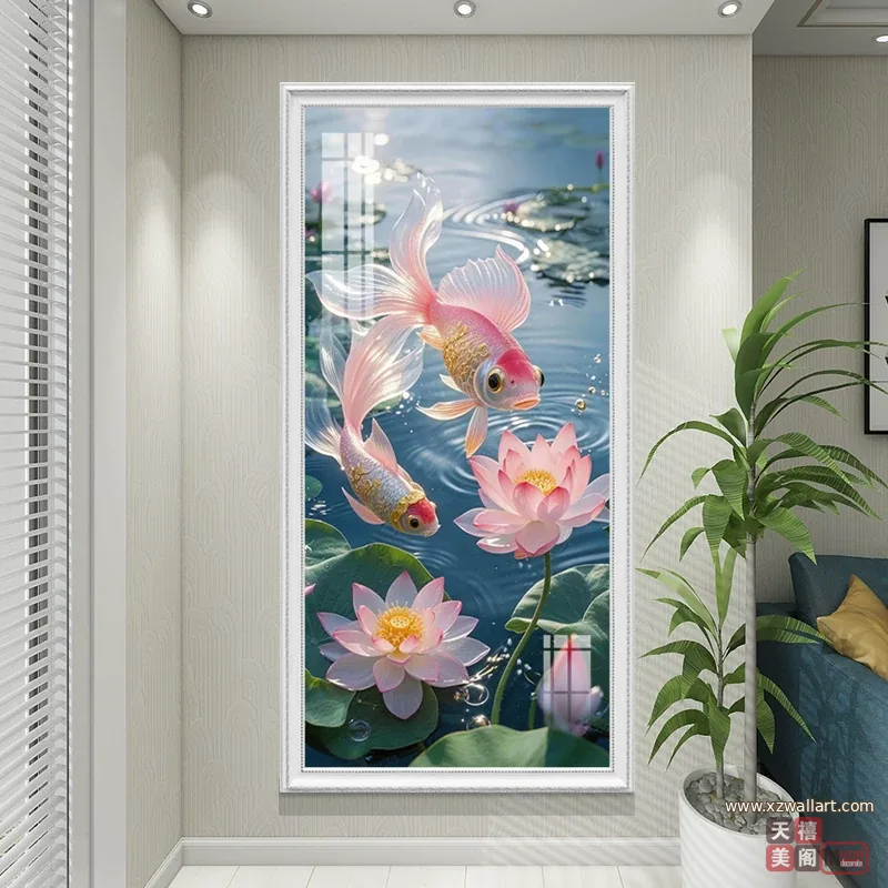荷花 单幅 装饰画 轻奢风 玄关背景墙挂画 晶瓷画