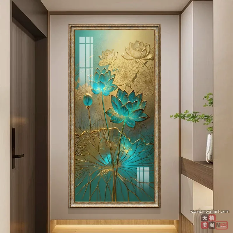 荷花 单幅 装饰画 轻奢风 玄关背景墙挂画 晶瓷画