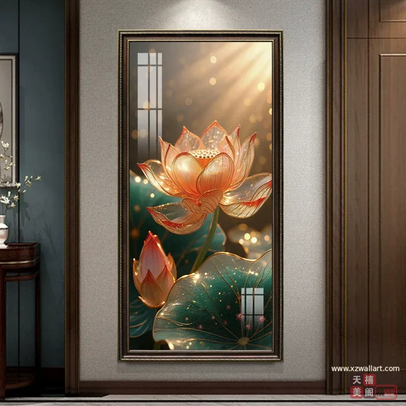 荷花 单幅 装饰画 轻奢风 玄关背景墙挂画 晶瓷画
