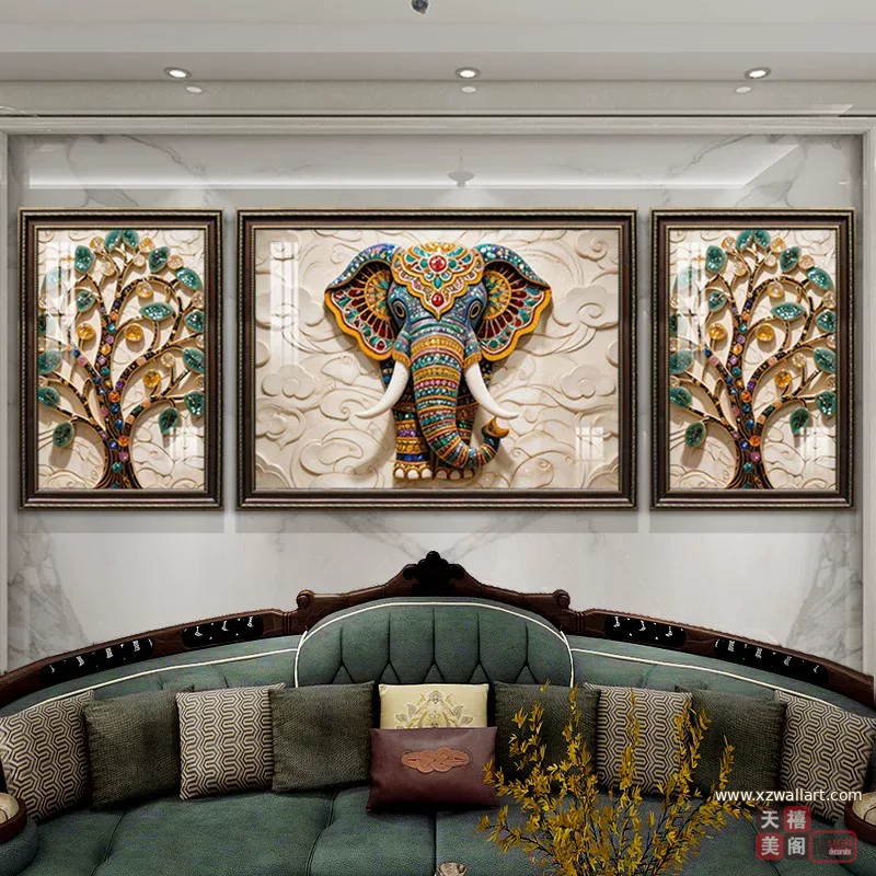 象 三联 装饰画 美式 客厅背景墙挂画 晶瓷画
