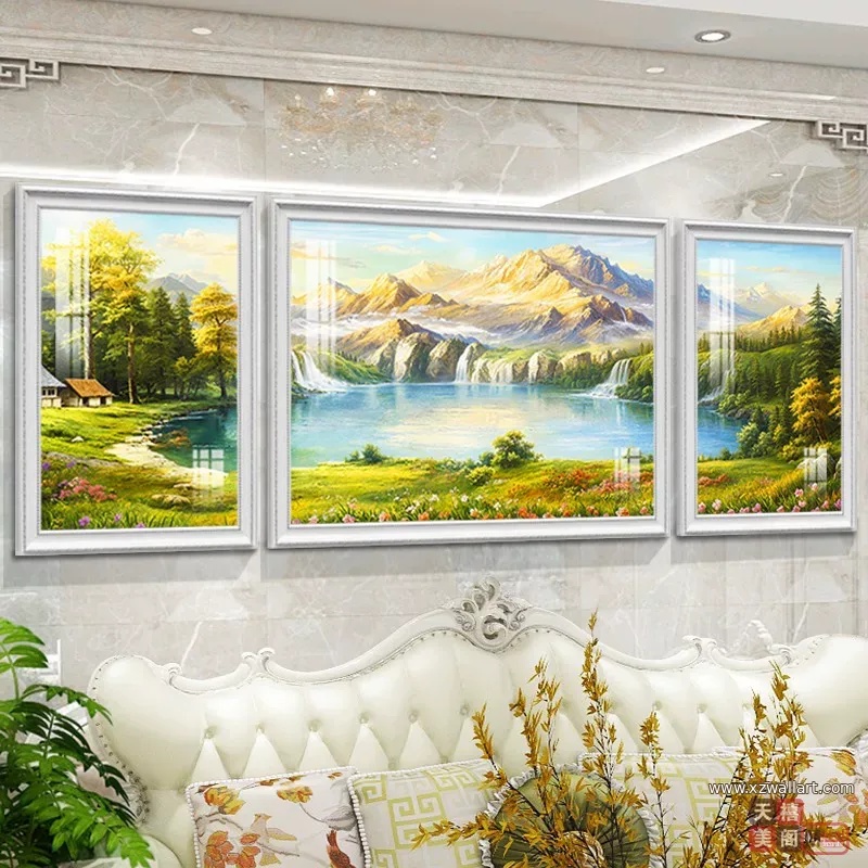抽象 三联 装饰画 美式 客厅背景墙挂画 晶瓷画