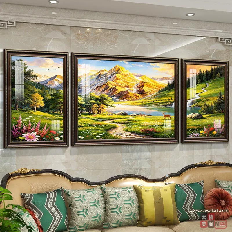 抽象 三联 装饰画 美式 客厅背景墙挂画 晶瓷画