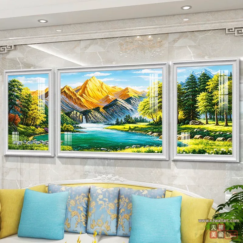 抽象 三联 装饰画 美式 客厅背景墙挂画 晶瓷画