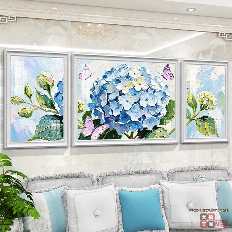 花 三联 装饰画 奶油风 客厅背景墙挂画 晶瓷画