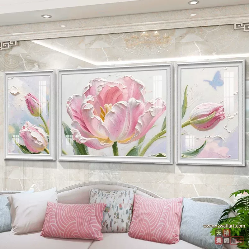 花 三联 装饰画 奶油风 客厅背景墙挂画 晶瓷画