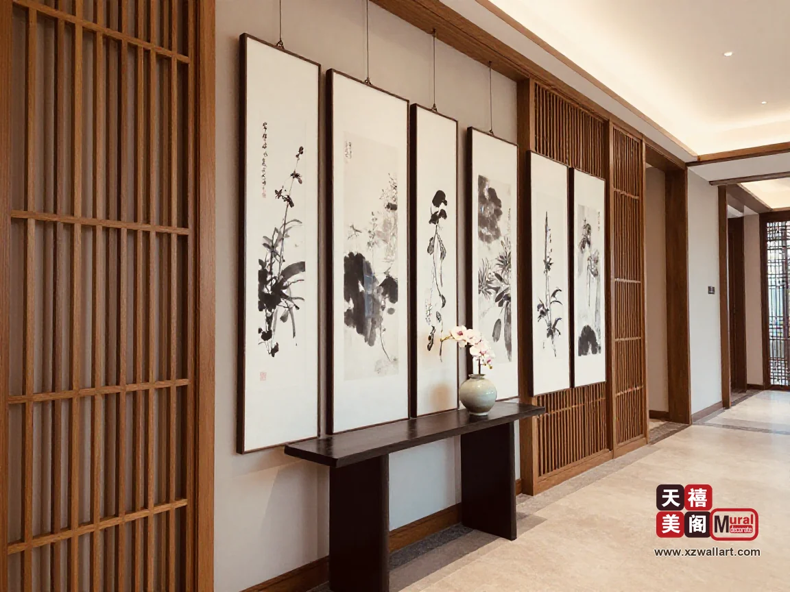 新中式全屋走廊纵深机位，木格栅旁沿墙悬挂成排水墨立轴，条案上摆陶瓶与兰花，地面为米色石材