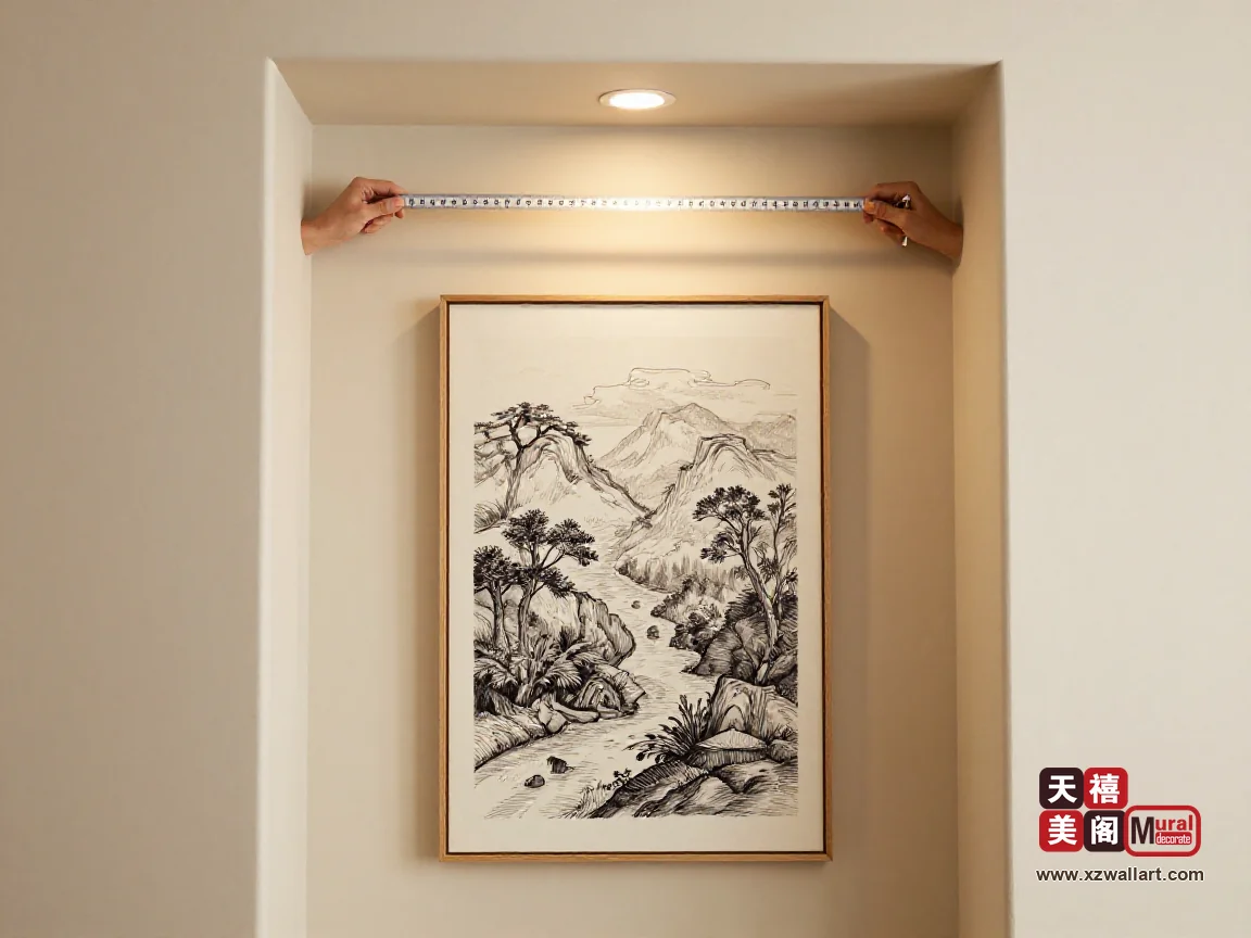 俯视角度手持卷尺测量玄关净墙宽,下方是竖版水墨山水画