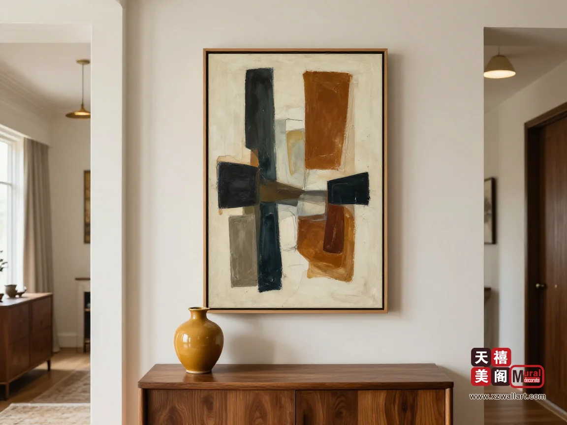 中古风玄关挂画怎么选？窄墙竖版尺寸、端景摆件分寸与门厅灯光处理