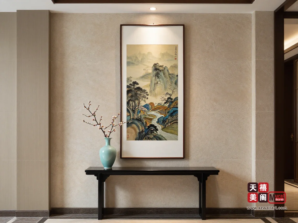 新中式玄关石纹墙面挂一幅竖版立轴比例装饰画,顶部射灯洗墙
