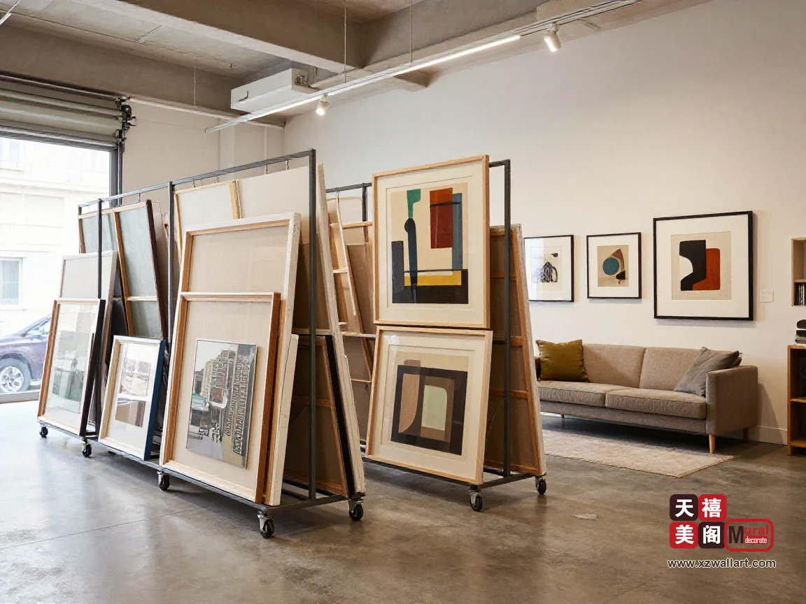装饰画厂房展示厅广角全景,长排金属货架陈列不同风格成品画,一侧设有样板沙发与三幅挂画体验区
