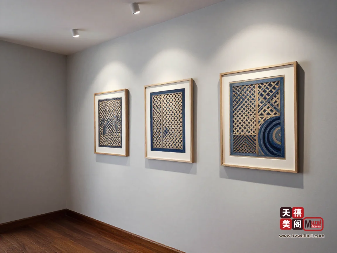 浅灰色走廊墙面并排挂三幅窄框国潮窗棂纹样画,下方是深色木地板与窄边踢脚线